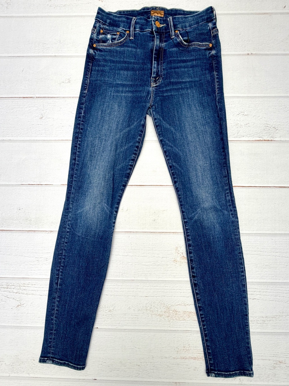 MOTHER High Waisted Looker Skinny Jeans Teaming Up Dark Wash